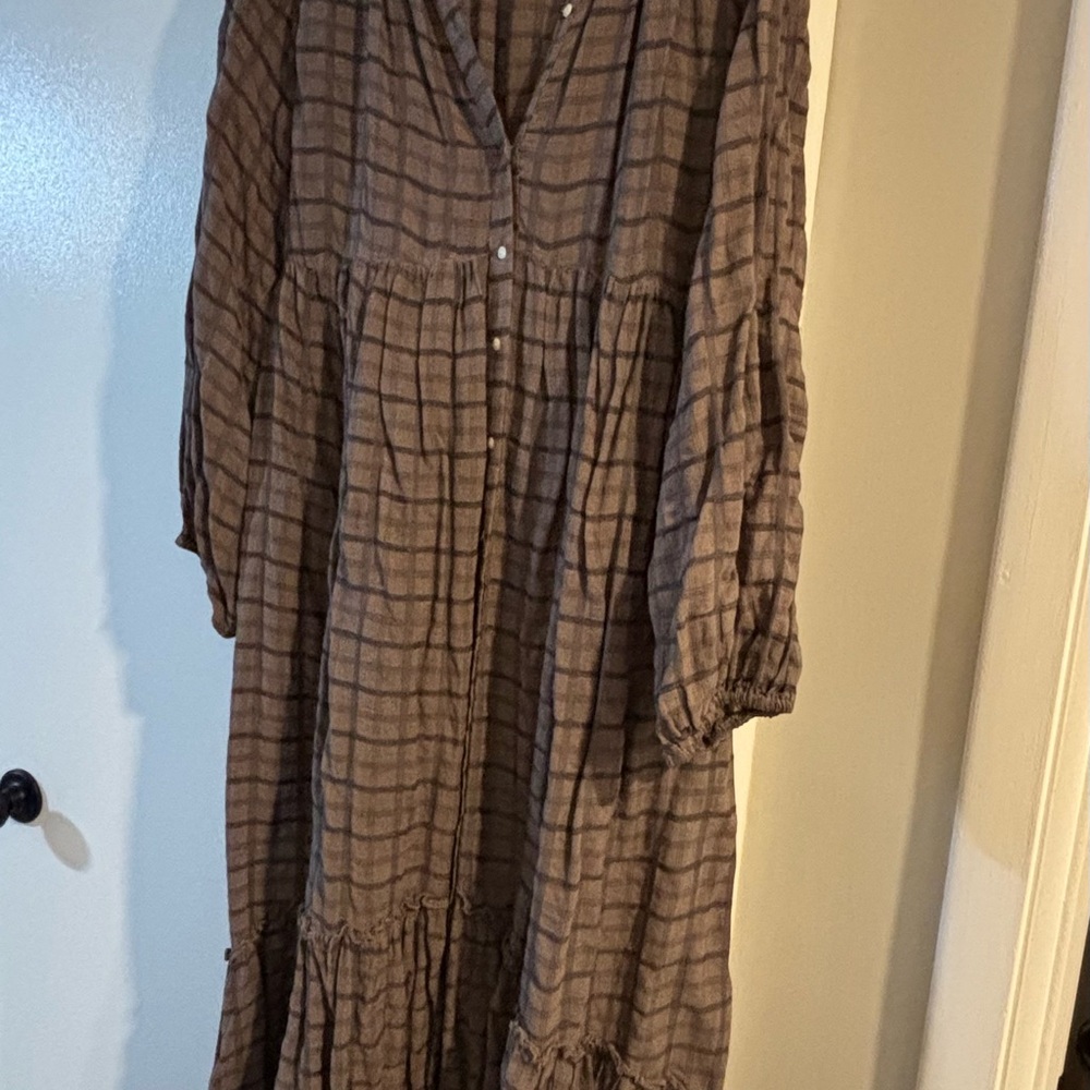 Free People Flowy Brown Plaid Button-Front Tiered Maxi Dress